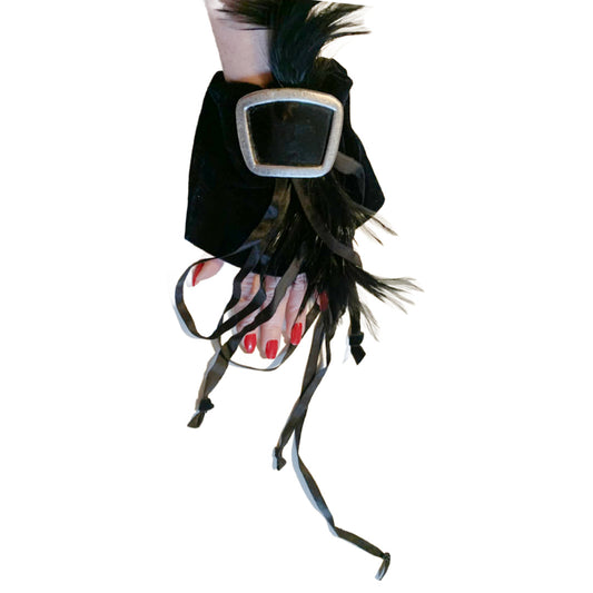 In Dulce Decorum Reimagined Gothic Edwardian Black Velvet Wrist Cuff with Feathers and Buckle