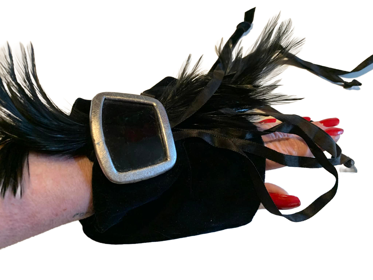 In Dulce Decorum Reimagined Gothic Edwardian Black Velvet Wrist Cuff with Feathers and Buckle