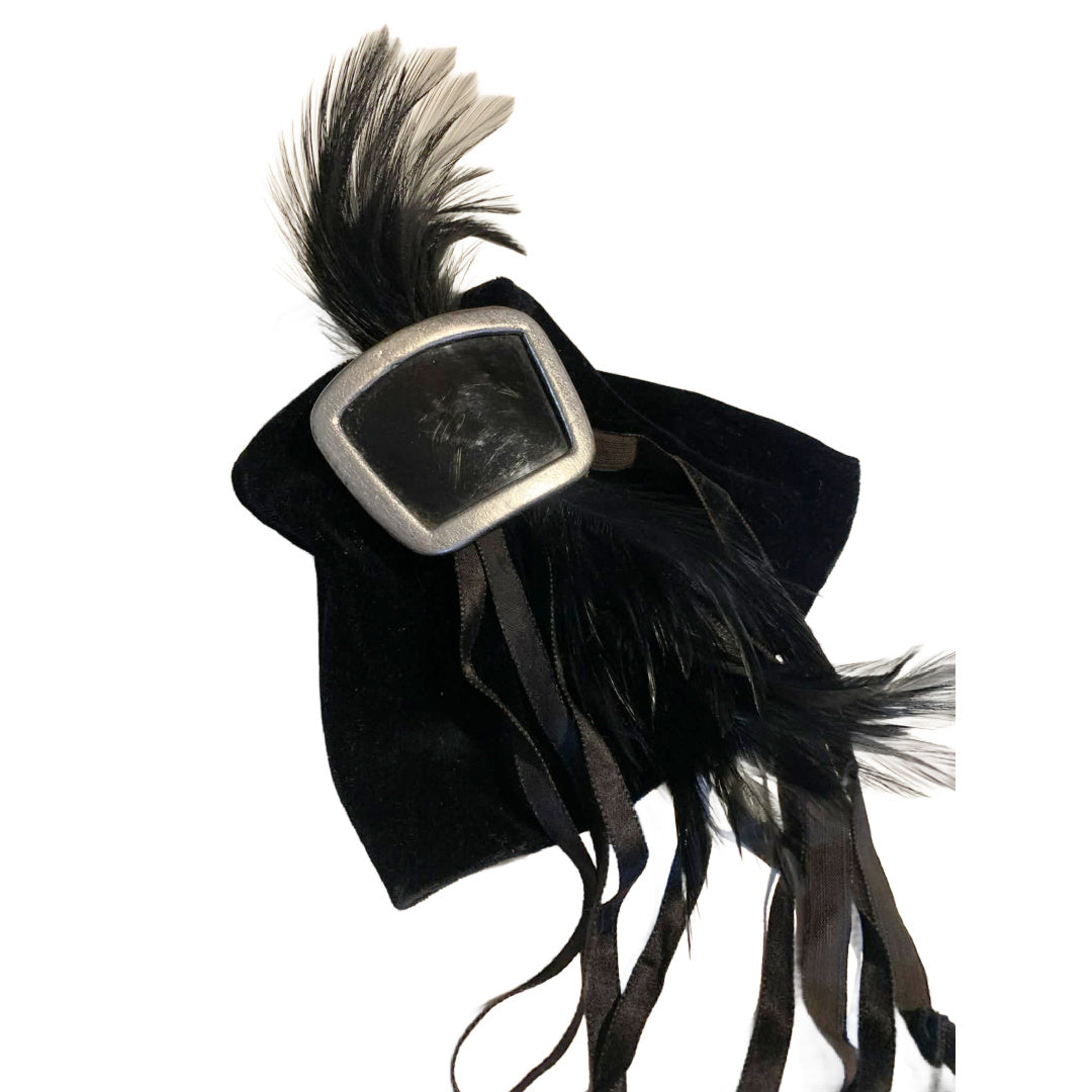 In Dulce Decorum Reimagined Gothic Edwardian Black Velvet Wrist Cuff with Feathers and Buckle