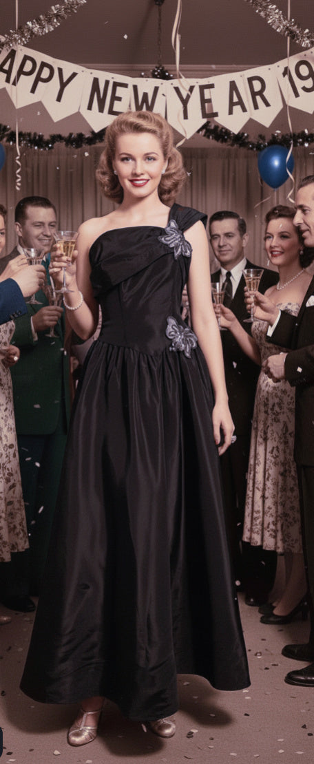 One Shoulder Black Taffeta Dress with Pale Blue Sequined Butterflies and Bow Back circa 1940s