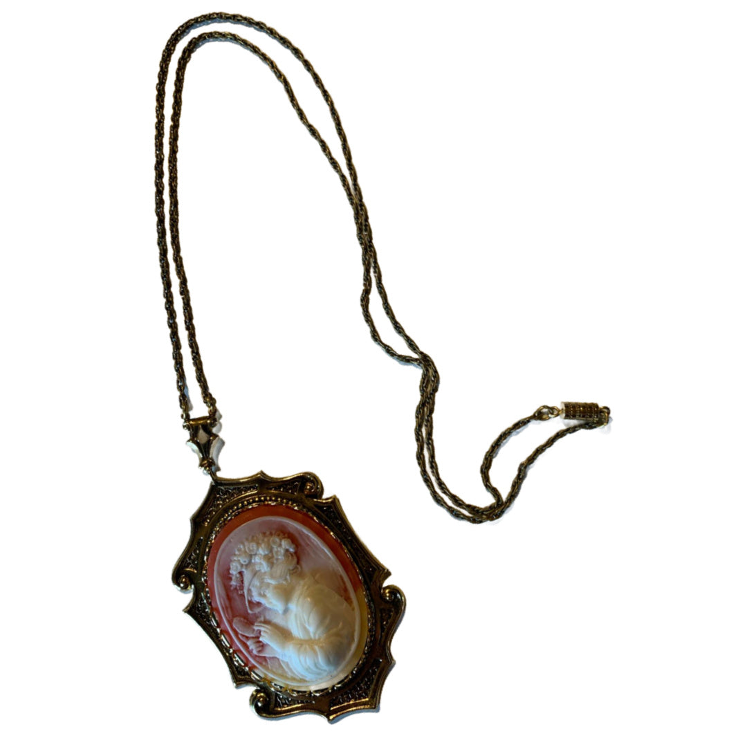 Faux Cameo Woman's Profile Big Pendant Necklace circa 1970s
