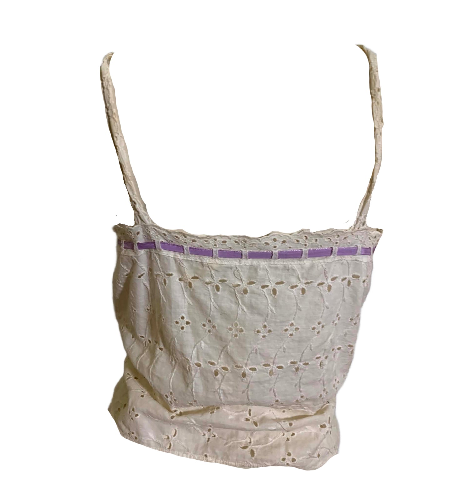 White Eyelet Cotton Bodice Cover Camisole with Lavender Ribbon circa 1910s
