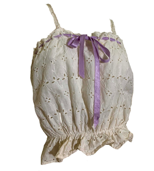 White Eyelet Cotton Bodice Cover Camisole with Lavender Ribbon circa 1910s