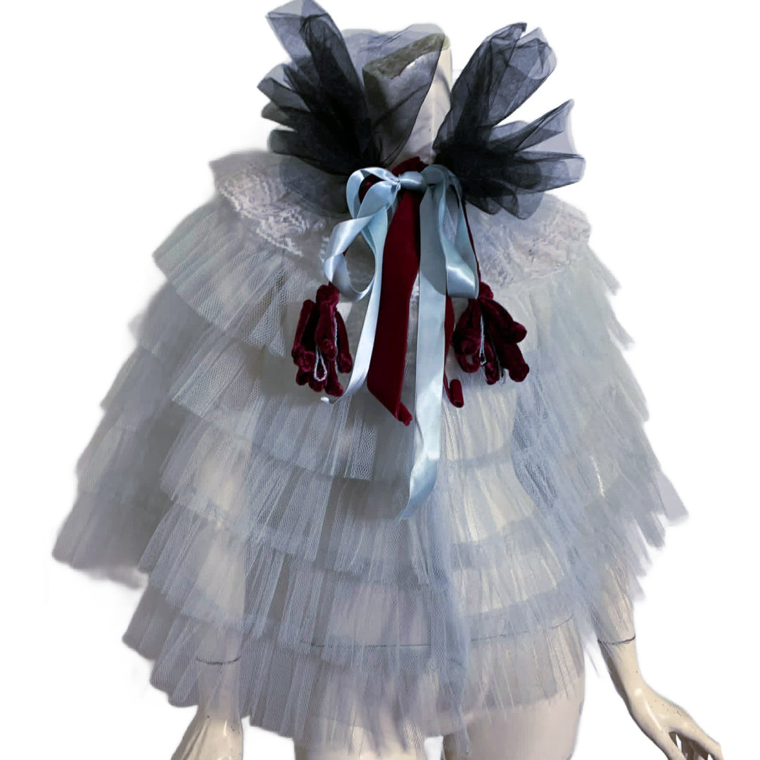 Blue Belle Reimagined Pale Blue Tulle and Lace Capelet with Vintage Ribbons and Beading