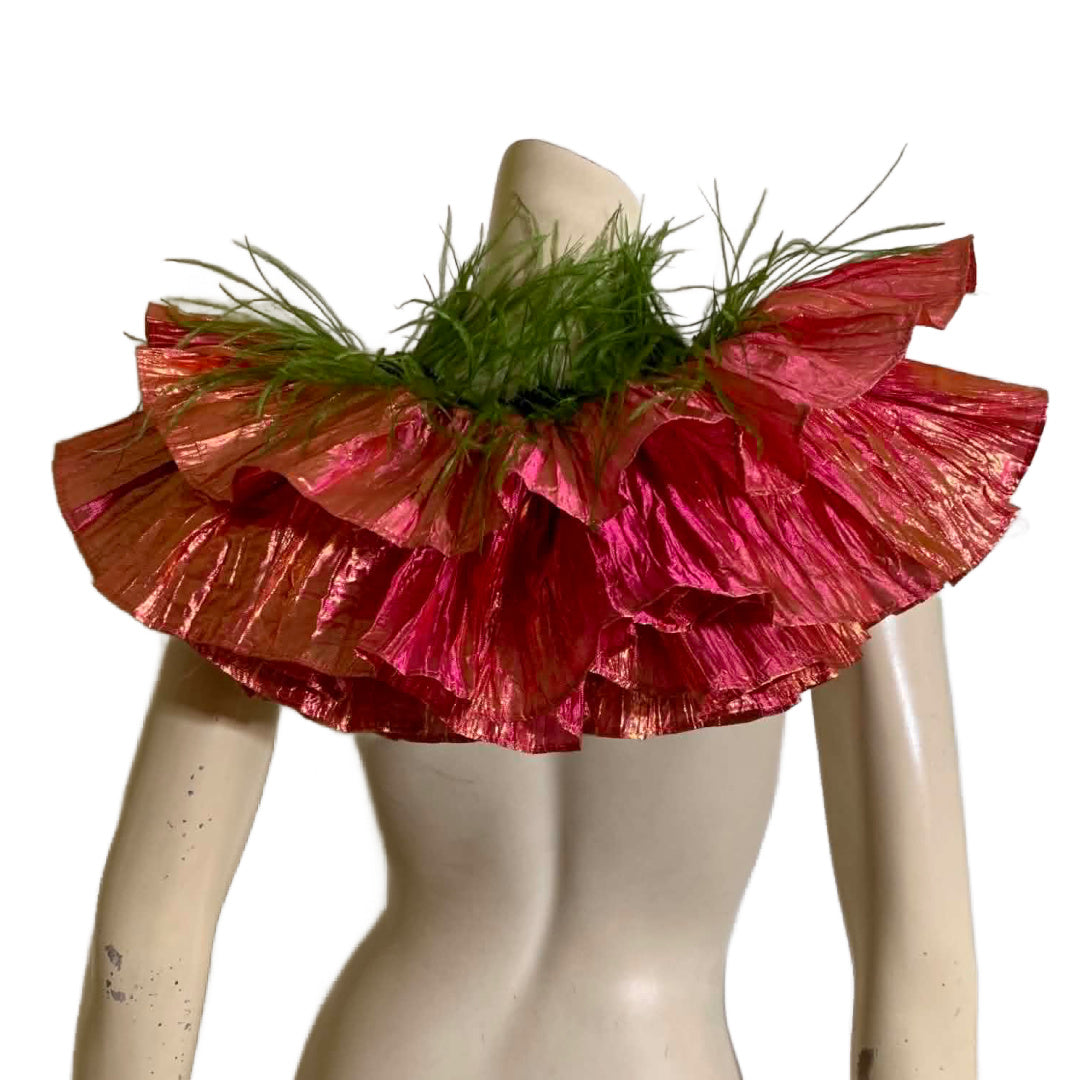 Ruffed Up- the Reimagined Pleated Iridescent Coral Ruffled Collar with Beads and Feathers