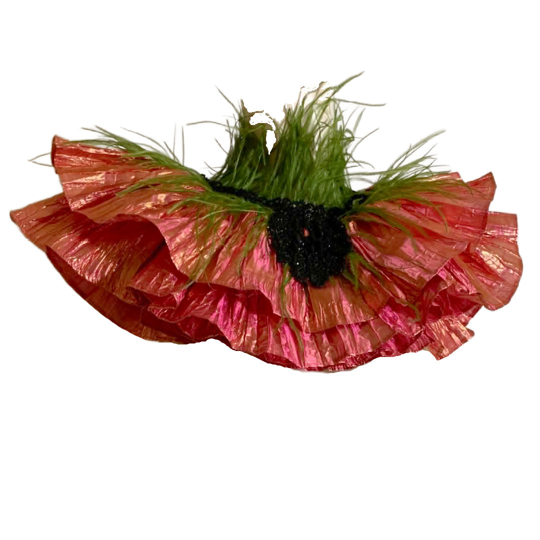 Ruffed Up- the Reimagined Pleated Iridescent Coral Ruffled Collar with Beads and Feathers