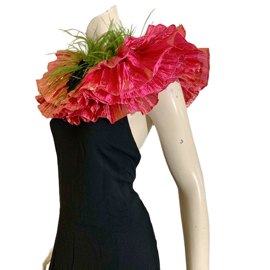 Ruffed Up- the Reimagined Pleated Iridescent Coral Ruffled Collar with Beads and Feathers