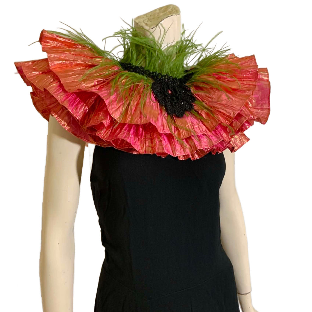 Ruffed Up- the Reimagined Pleated Iridescent Coral Ruffled Collar with Beads and Feathers
