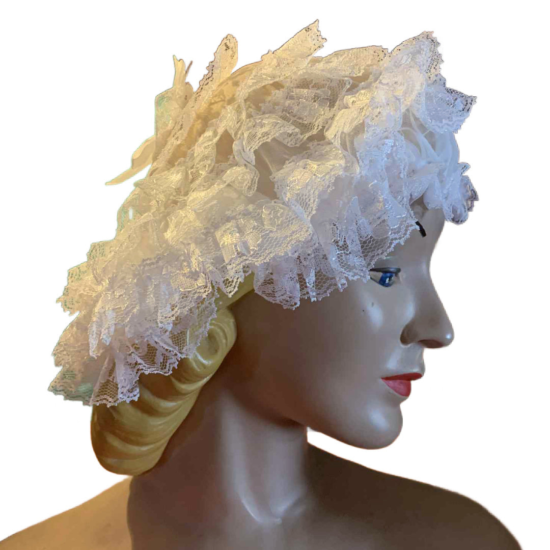Cutie Pie White Lace Curler Cap Sleeping Bonnet circa 1960s