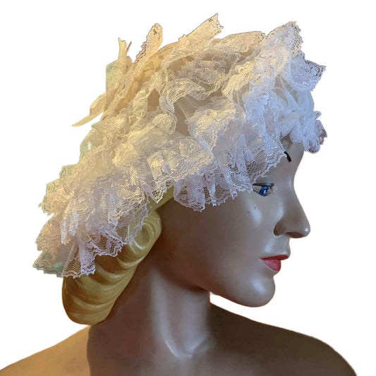 Cutie Pie White Lace Curler Cap Sleeping Bonnet circa 1960s