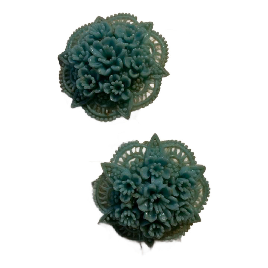 Robin's Egg Blue Celluloid Floral Disc Clip Earrings circa 1940s