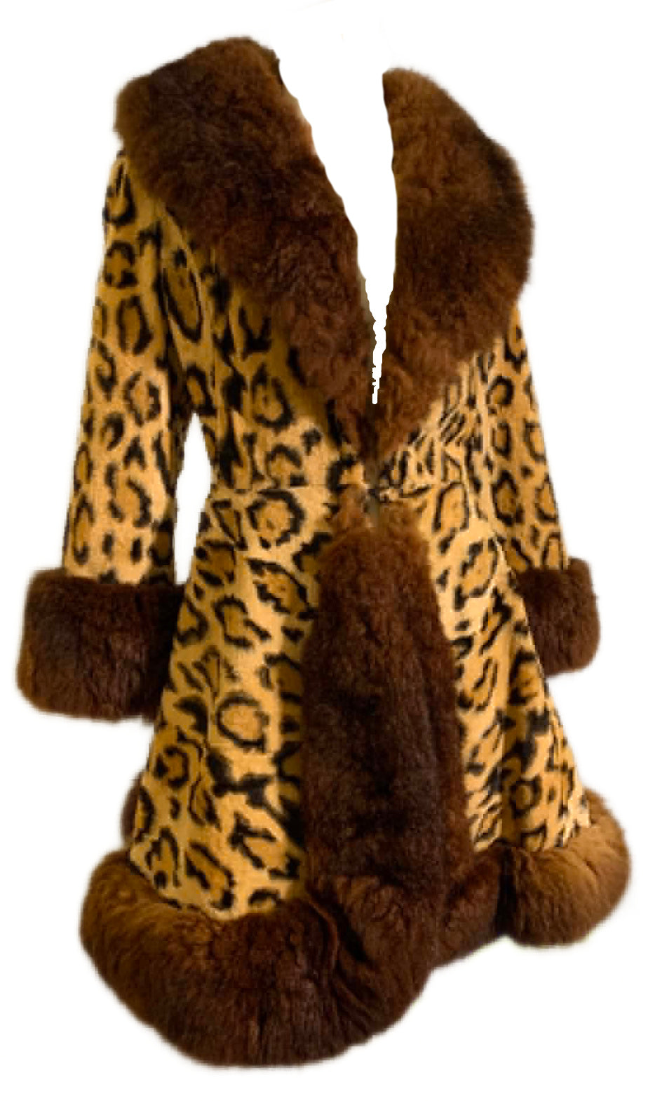 Incredible Leopard Print Faux Fur Nipped Waist Coat Full Skirt Fur Trim circa 1970s