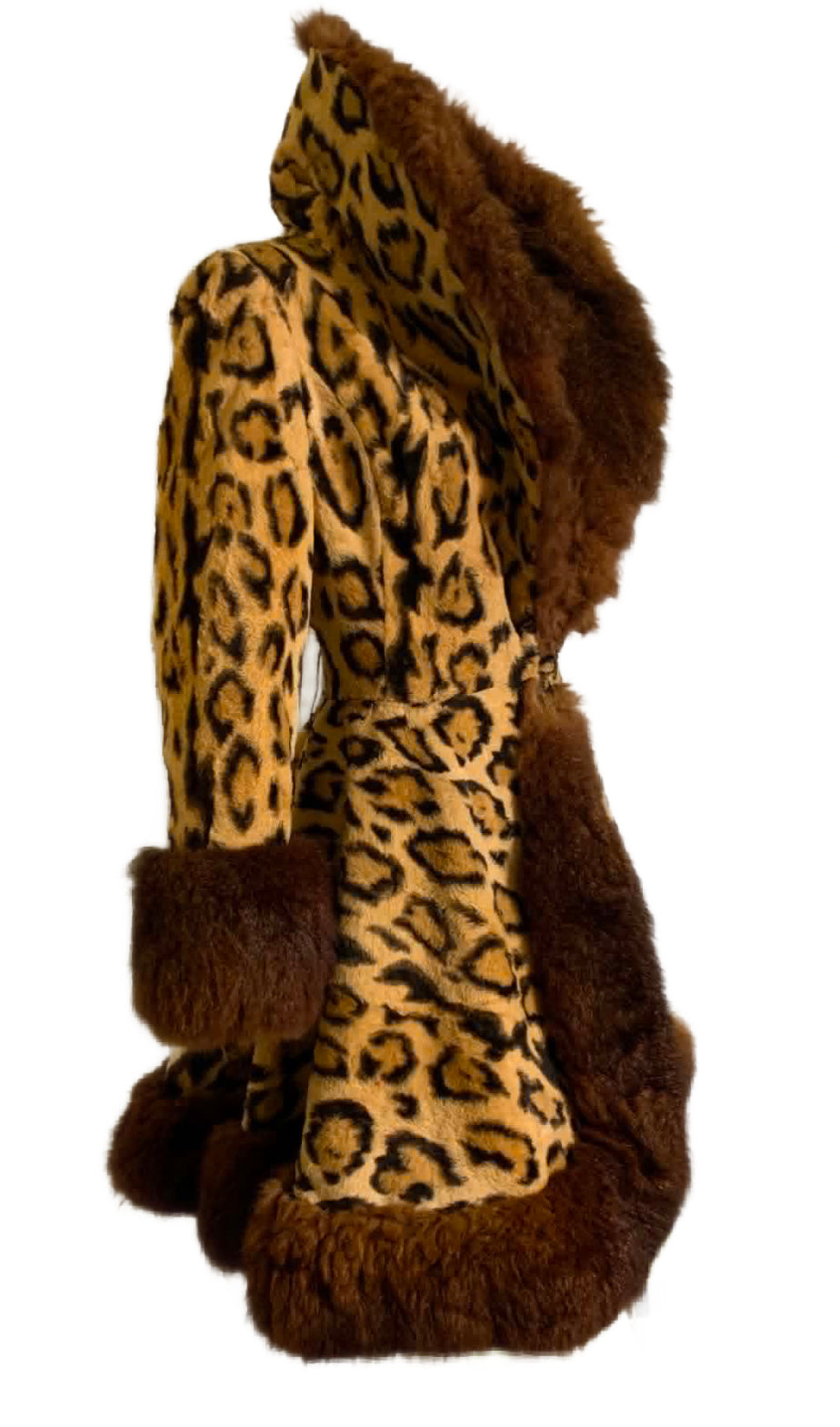 Incredible Leopard Print Faux Fur Nipped Waist Coat Full Skirt Fur Trim circa 1970s