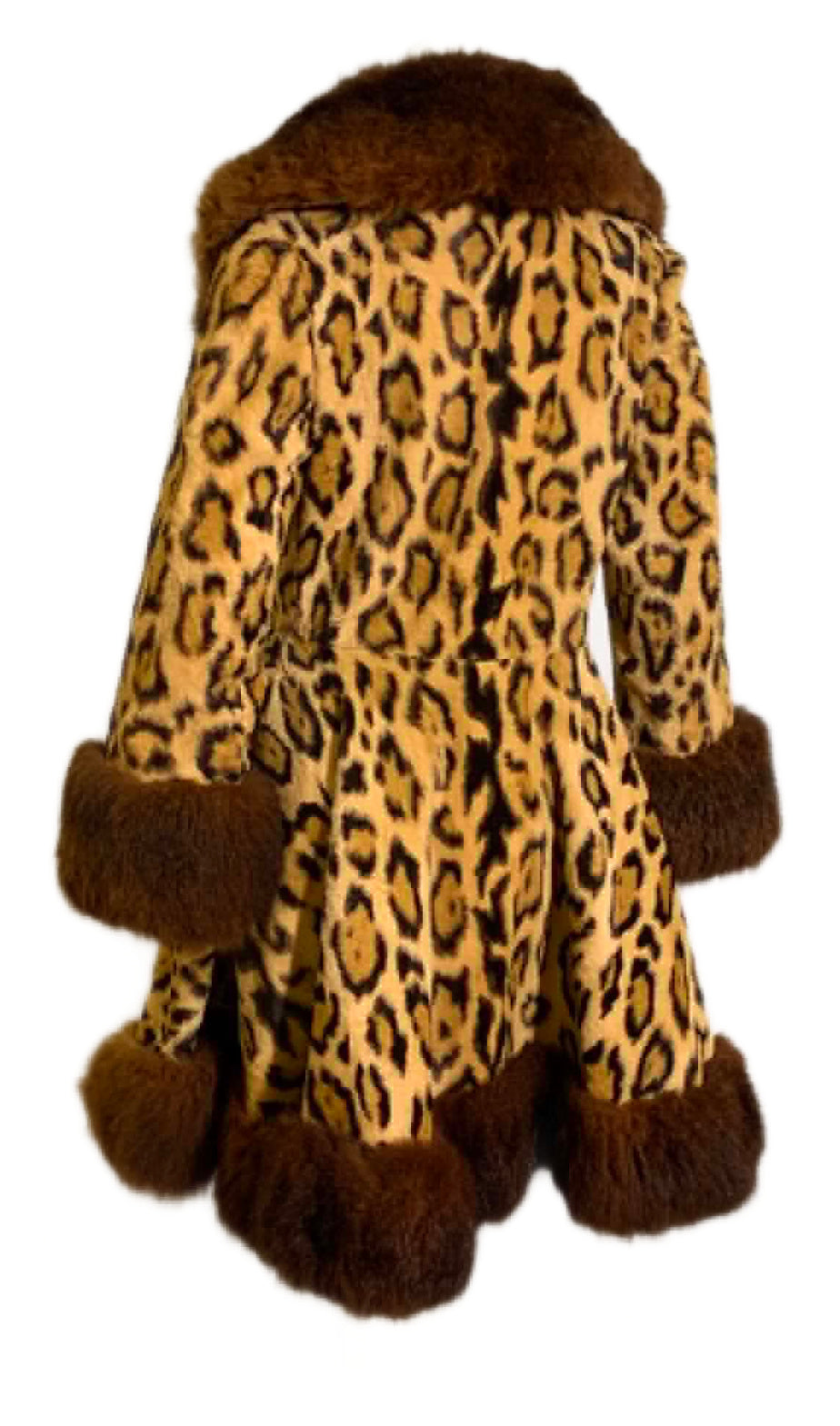 Incredible Leopard Print Faux Fur Nipped Waist Coat Full Skirt Fur Trim circa 1970s