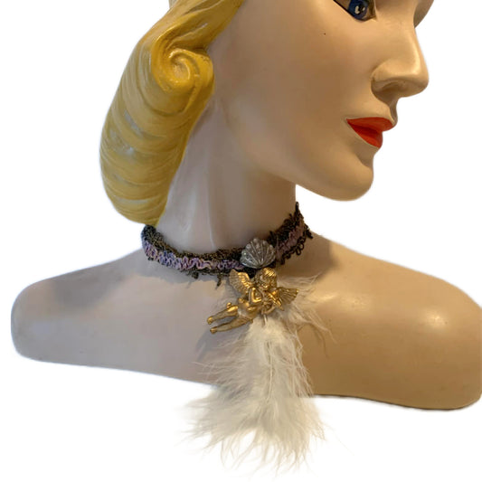 Magic Flute Reimagined Cherub Pendant Antique Ribbon Choker Necklace with Feather and Rhinestones
