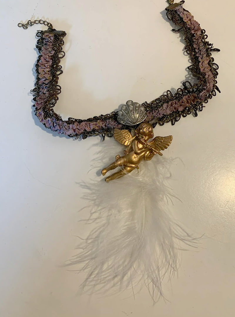 Magic Flute Reimagined Cherub Pendant Antique Ribbon Choker Necklace with Feather and Rhinestones