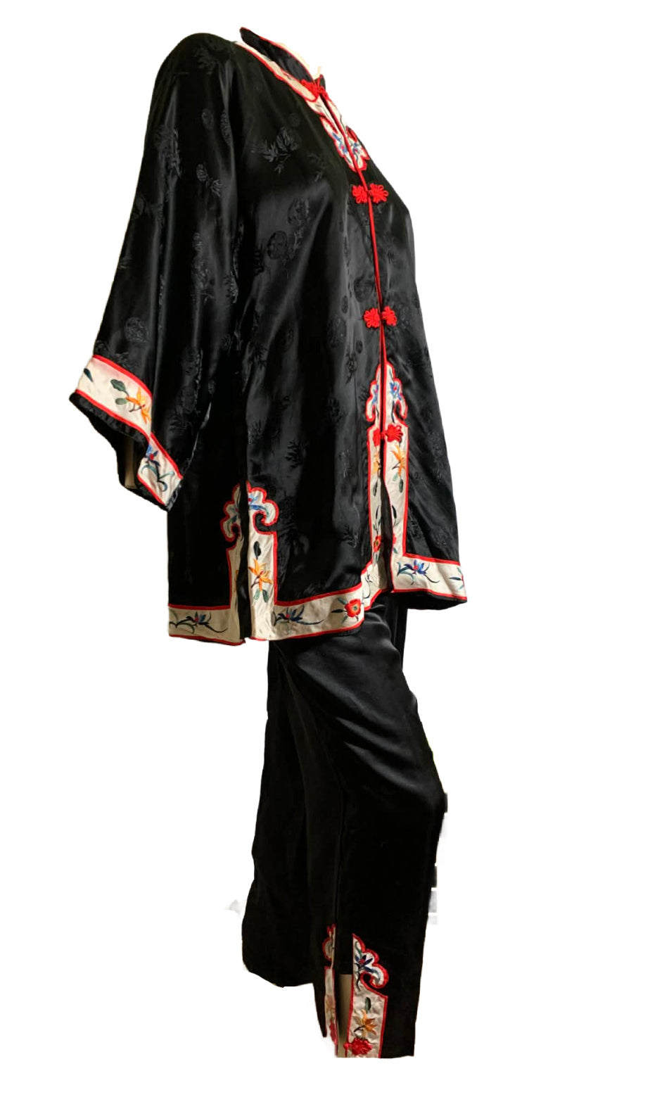 Embroidered Black Rayon Chinese Embroidered Pajamas circa 1960s XL