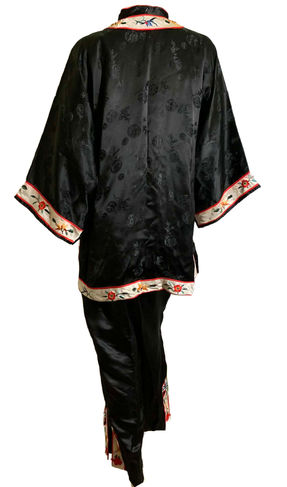 Embroidered Black Rayon Chinese Embroidered Pajamas circa 1960s XL