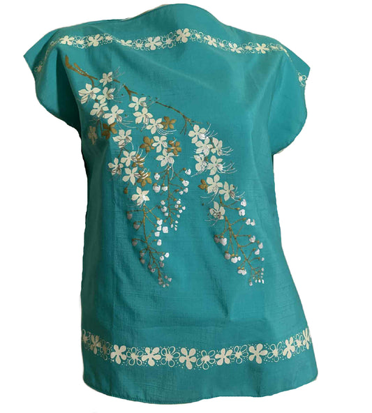 Crisp Aqua Blue Boxy Cut Blouse with Screen Print Florals circa 1960s