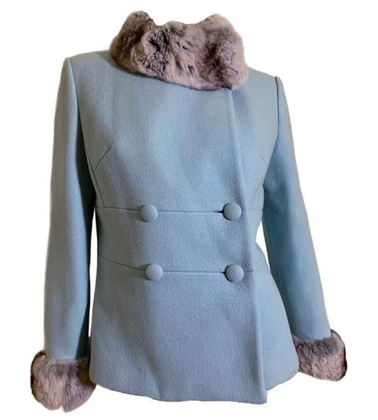 Robin's Egg Blue Wool Boxy Cut Jacket Chinchilla Fur Collar and Cuffs circa 1960s