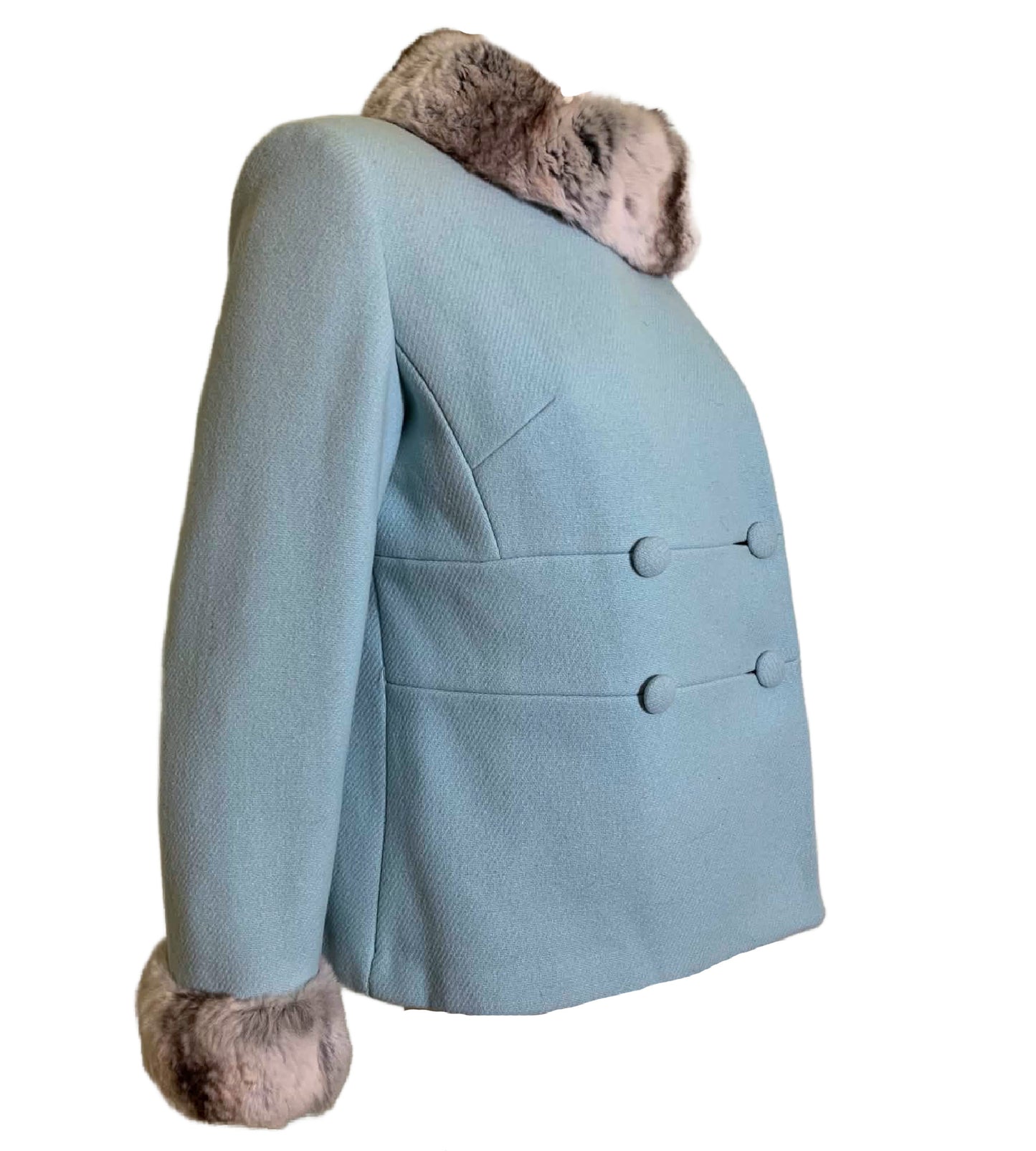 Robin's Egg Blue Wool Boxy Cut Jacket Chinchilla Fur Collar and Cuffs circa 1960s