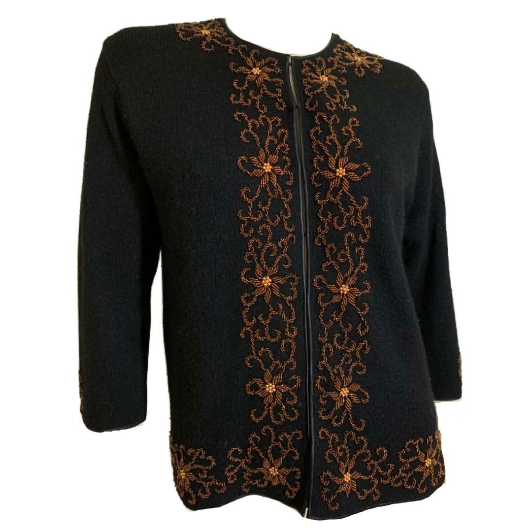 Jet Black Cardigan Sweater with Copper Beaded Flowers circa 1960s