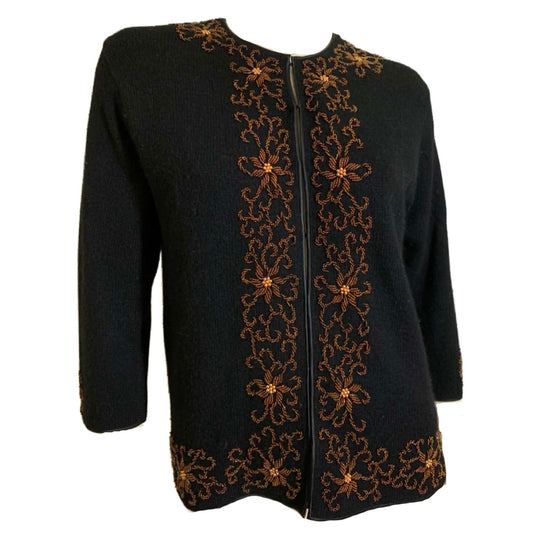 Jet Black Cardigan Sweater with Copper Beaded Flowers circa 1960s