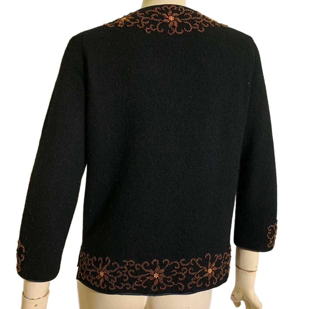 Jet Black Cardigan Sweater with Copper Beaded Flowers circa 1960s