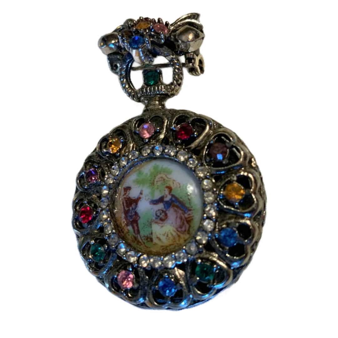 Romantic Couple Multicolored Rhinestone Dangle Brooch circa 1960s