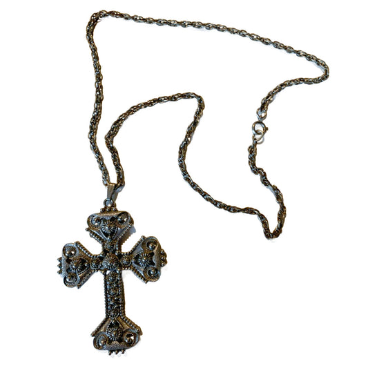 HUGE Pewter Style Cross Pendant Statement Necklace circa 1970s