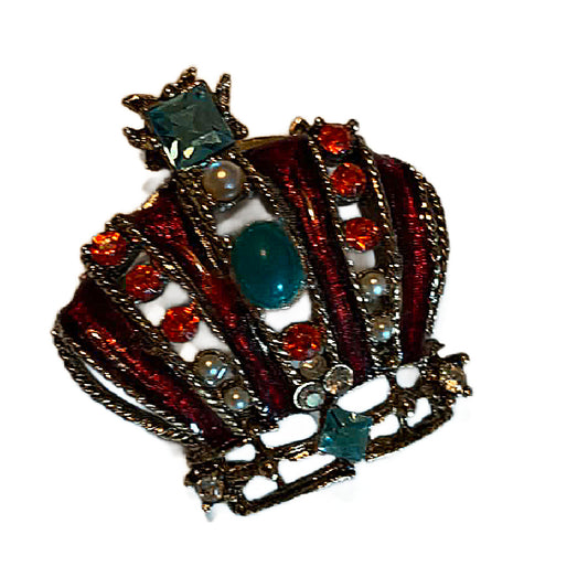 Red Enameled Rhinestone and Cabochon Royal Crown Brooch circa 1960s
