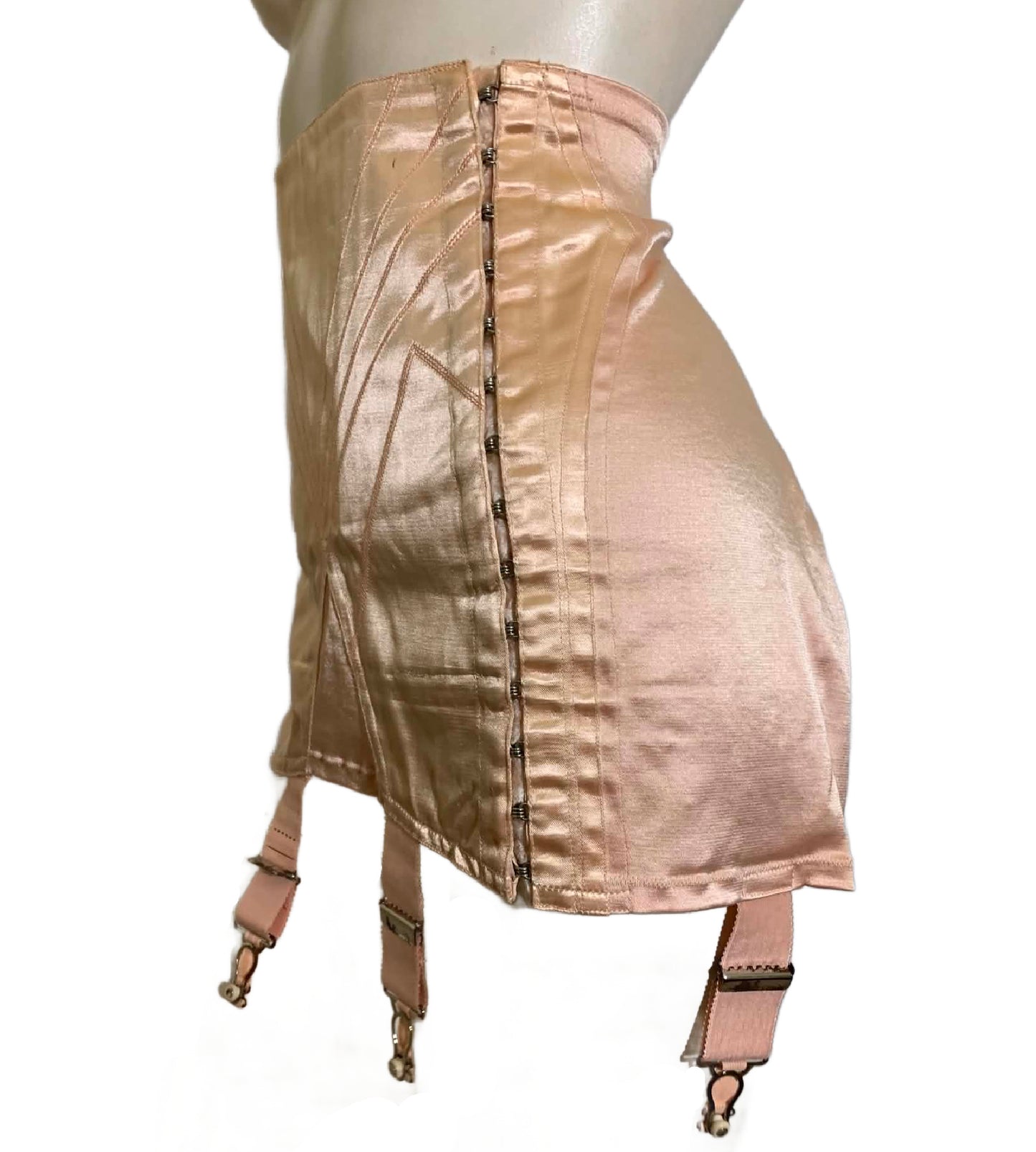 Art Deco Embroidered Soft Peach Side Hook Girdle with Garter Hooks circa 1930s