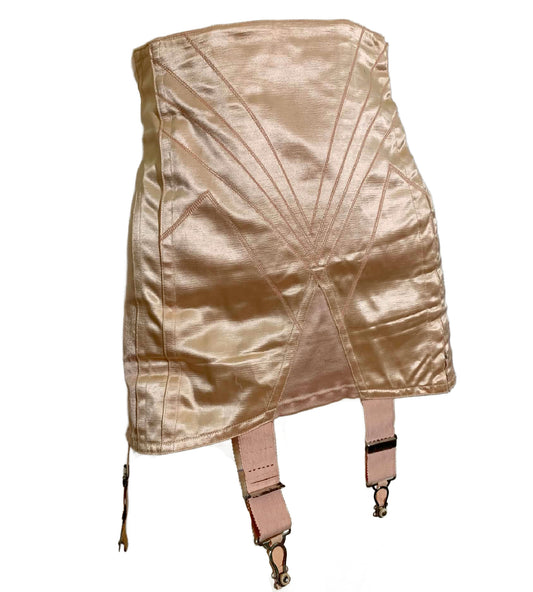 Art Deco Embroidered Soft Peach Side Hook Girdle with Garter Hooks circa 1930s