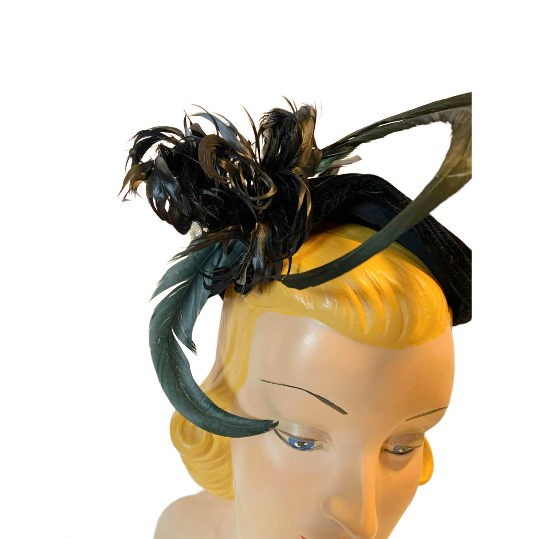 Demi Goddess Reimagined Velvet Cocktail Hat with Iridescent and Black Feathers Rhinestone Accent