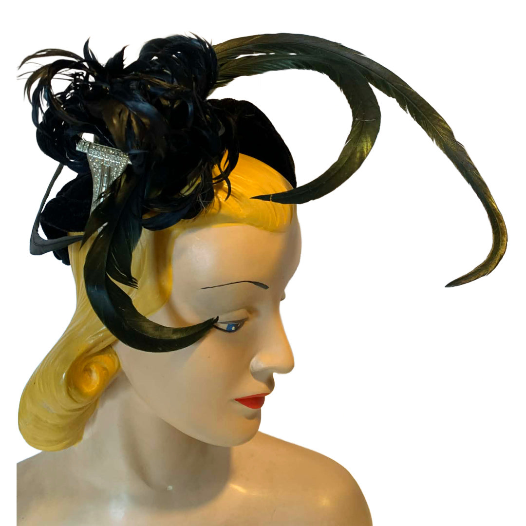 Demi Goddess Reimagined Velvet Cocktail Hat with Iridescent and Black Feathers Rhinestone Accent