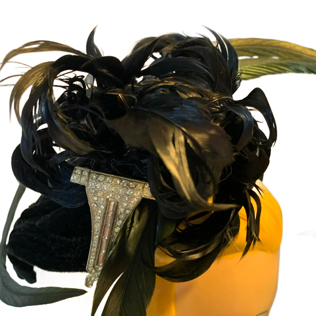 Demi Goddess Reimagined Velvet Cocktail Hat with Iridescent and Black Feathers Rhinestone Accent