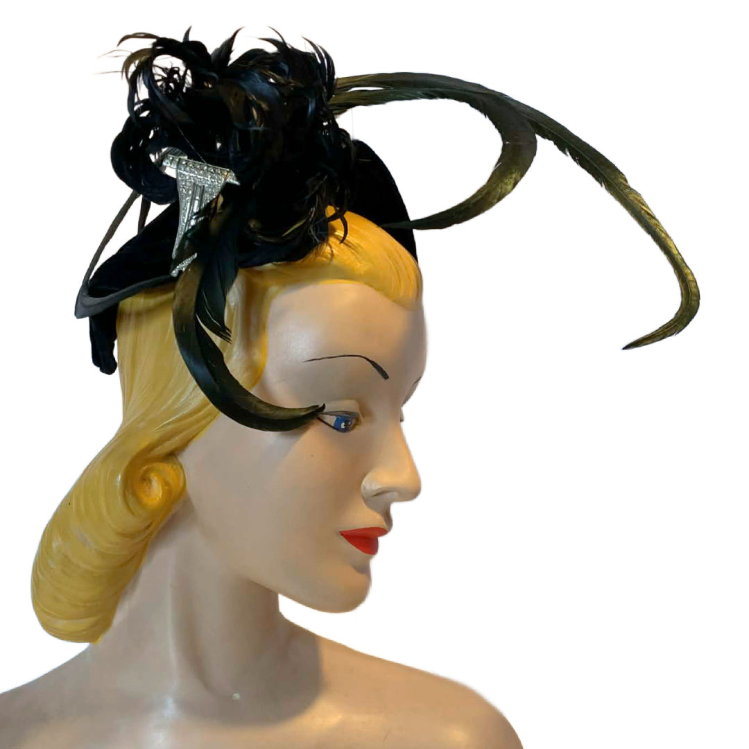 Demi Goddess Reimagined Velvet Cocktail Hat with Iridescent and Black Feathers Rhinestone Accent