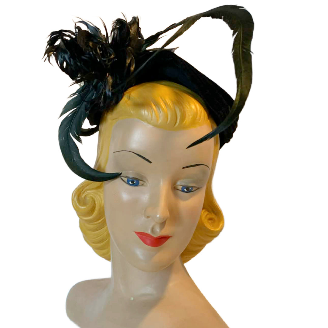 Demi Goddess Reimagined Velvet Cocktail Hat with Iridescent and Black Feathers Rhinestone Accent