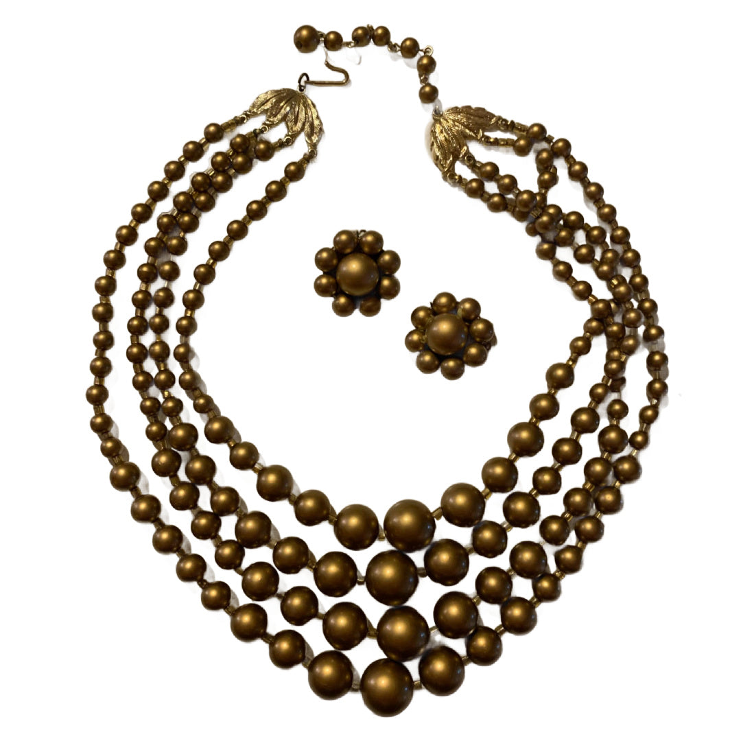 Bronze Metallic Beaded 4 Strand Necklace and Clip Earrings Demi Parure Set circa 1940s