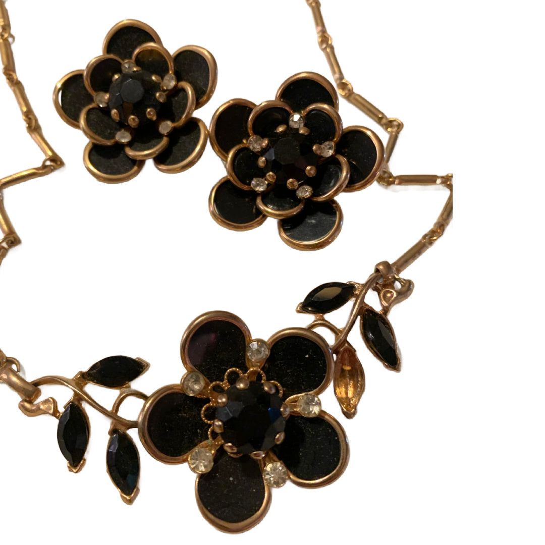 Black Flower Necklace & Earrings Demi Parure Set circa 1960s