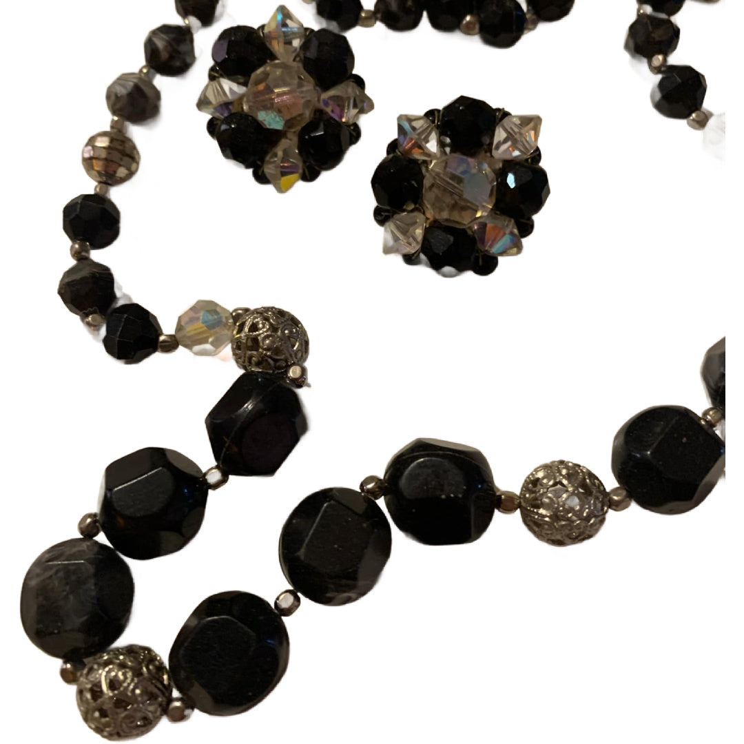 Black, Silver and Crystal Beaded Necklace & Earrings Demi Parure Set circa 1960s