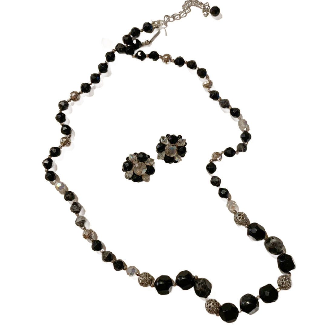 Black, Silver and Crystal Beaded Necklace & Earrings Demi Parure Set circa 1960s