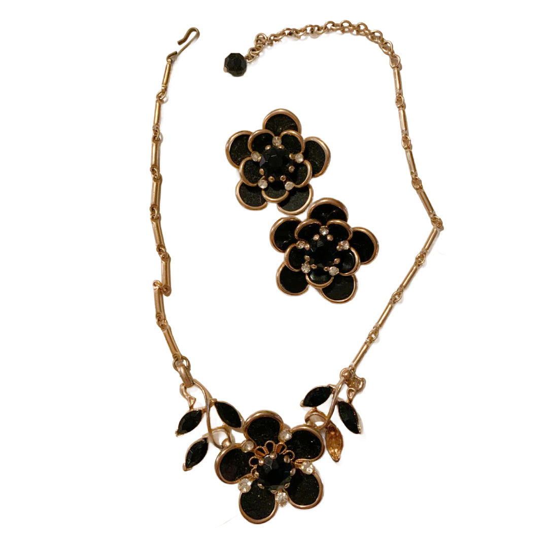 Black Flower Necklace & Earrings Demi Parure Set circa 1960s