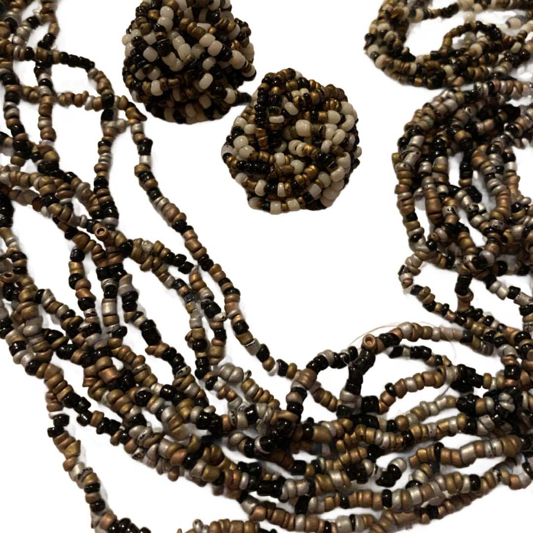 Black, Silver and Gold Multistrand Seed Beaded Necklace, Bracelet & Earrings Demi Parure Set circa 1960s