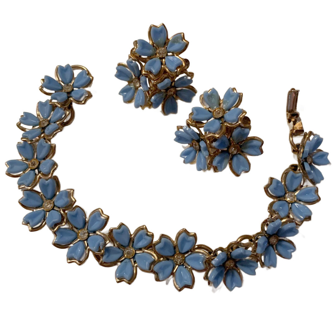 Sky Blue Flower and Rhinestone Bracelet and Clip Earrings Demi Parure Set circa 1950s