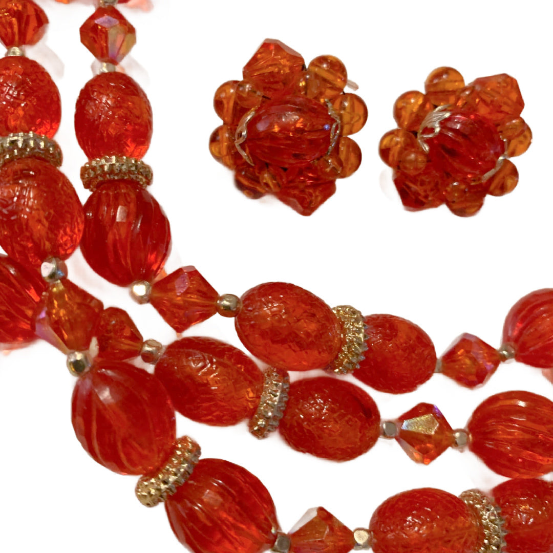 Fiery Orange and Red Multistrand Beaded Necklace & Earrings Demi Parure Set circa 1960s