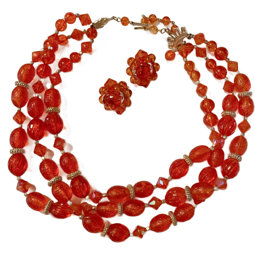 Fiery Orange and Red Multistrand Beaded Necklace & Earrings Demi Parure Set circa 1960s