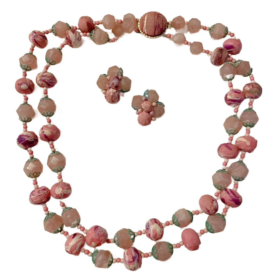 Swirled Pink Clay and Plastic Beaded Necklace & Earrings Demi Parure Set circa 1960s