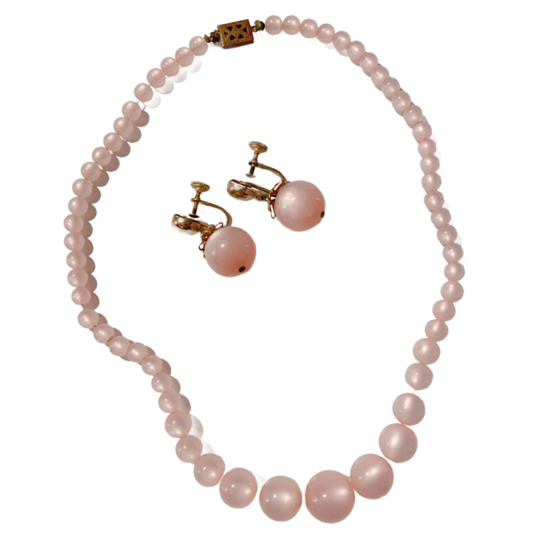 Pale Pink Iridescent Beaded Necklace & Earrings Demi Parure Set circa 1940s