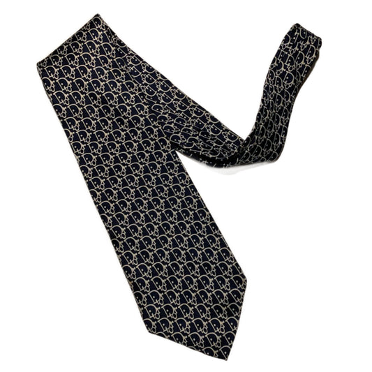 Christian Dior Logo Design Blue and White Silk Men's Tie circa 1990s